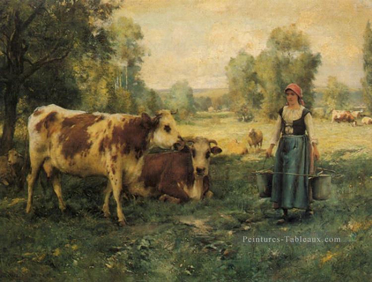Une laitière avec des vaches et des moutons Vie rurale réalisme Julien Dupre Peintures à l'huile